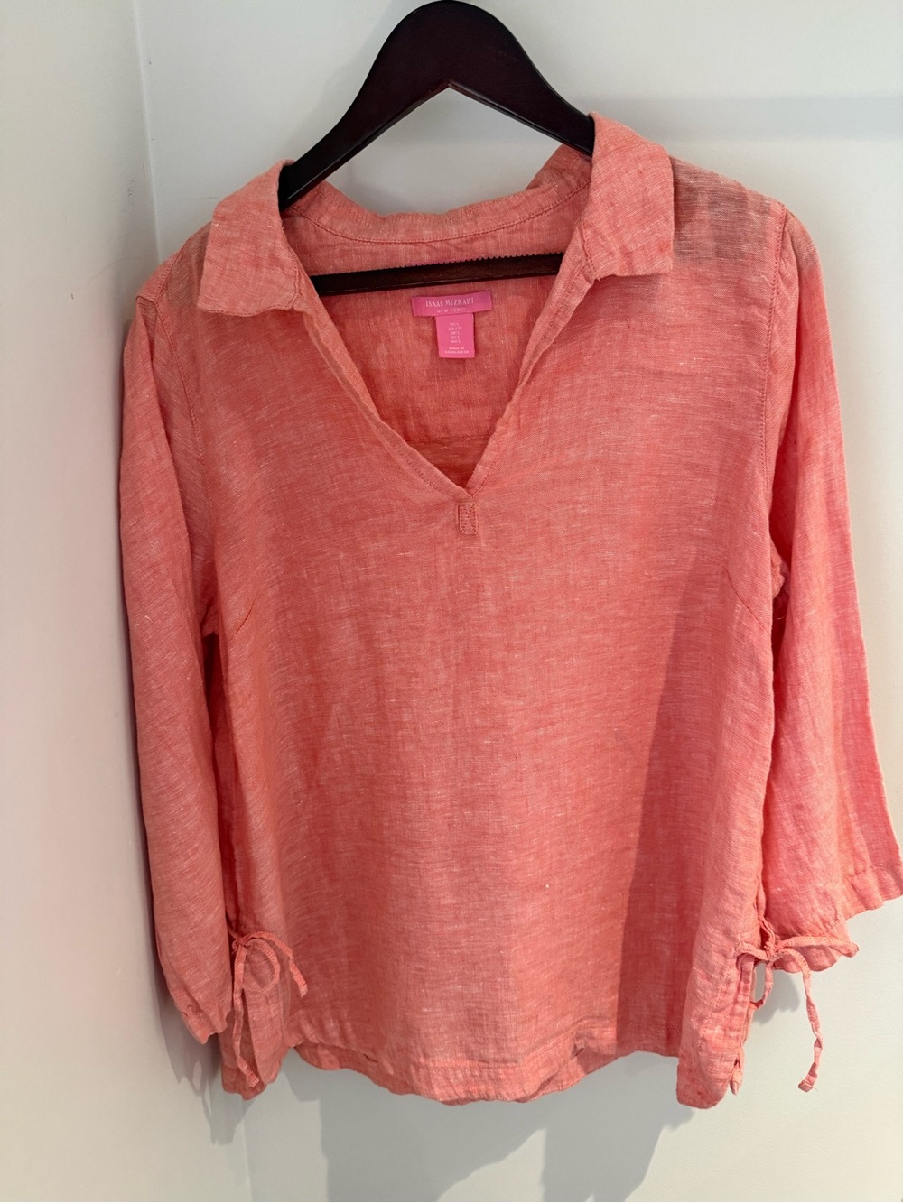 Isaac Mizrahi 100% Linen Pullover V-Neck Collared Top  Side Ties 3/4 Sleeves L